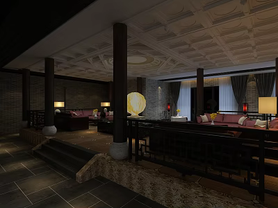 Elegant Traditional Chinese Style Restaurant With Wooden Pillars Warm Ambient Lighting And Comfortable Lounge Seating 3d model