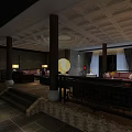 Elegant Traditional Chinese Style Restaurant With Wooden Pillars Warm Ambient Lighting And Comfortable Lounge Seating