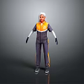 Gray and Orange Utility Jumpsuit with White Headscarf Black Gloves and Black Shoes