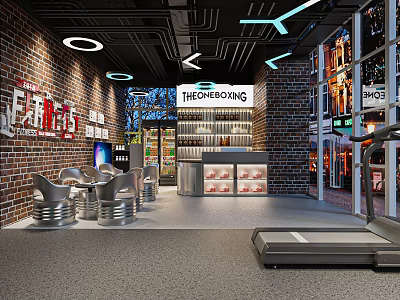 THE ONE Boxing Gym Interior With Treadmill Seating Lockers Brick Walls And Neon Lights 3d model