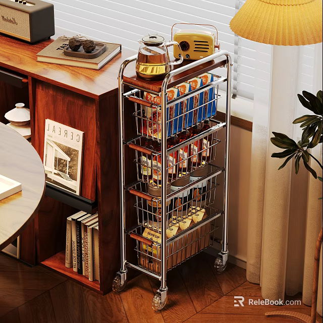 Multi tiered Metal Rolling Cart With Wire Baskets Holding Tea Bags Jars And Bookshelf In Home 3d model 