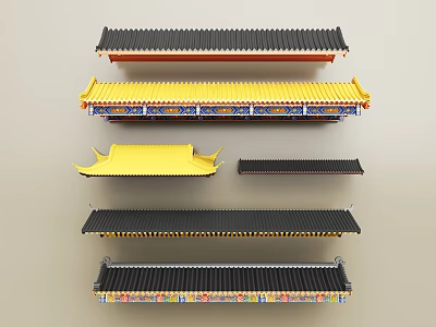 Traditional Chinese Roof Components With Yellow Black Tiles And Decorative Patterns 3d model