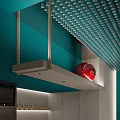 Modern Dessert Shop Interior With Teal And White Design Display Case Sofas Artwork And Perforated Ceiling 3d model