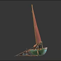 Colorful Model Boat With Red Sail Yellow Green Hull And Small Decorative Accessories