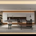 Modern Teahouse Interior With Long Table Stools Benches And Illuminated Shelves 3d model