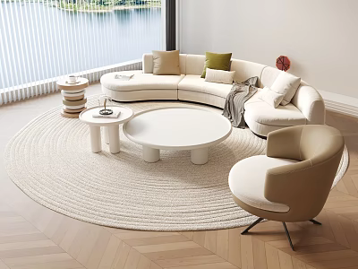 Modern Curved Sofa And Round Coffee Table Set With Neutral Throw Pillows And Woven Rug 3d model