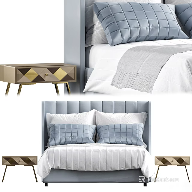 Modern Bedroom Interior With Double Bed Gray Pillows White Sheets And Bedside Tables 3d model