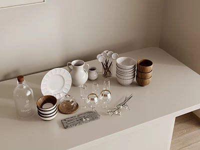Tableware Set with Plates Pitcher Cups Wine Glasses Wooden Bowls and Bottle Opener for Dining 3d model