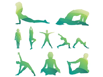Group of People Practicing Various Yoga Poses in Green Silhouette 3d model