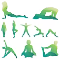 Group of People Practicing Various Yoga Poses in Green Silhouette