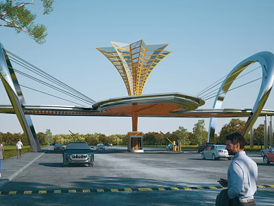 Modern Entrance Gate with Metal Arch Structure and Petal Shaped Roof in Open Area with Vehicles 3d model