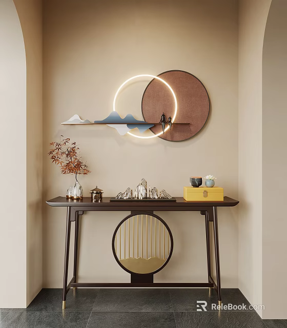 Elegant Entryway Design With Circular Illuminated Wall Decor Console Table And Decorative Items 3d model