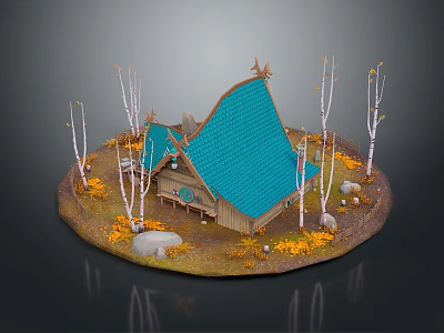 Cartoon Scene of Blue Tiled Roof Cottage Surrounded by White Birch Trees and Yellow Flowers with Stones 3d model
