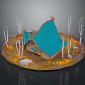 Cartoon Scene of Blue Tiled Roof Cottage Surrounded by White Birch Trees and Yellow Flowers with Stones