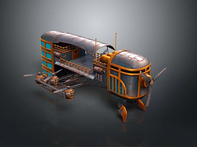 Steampunk Airship Design Featuring Metallic Structure Orange Blue Details And Propellers 3d model