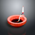 Traditional Red Oil Lamp With Burning Flame And Decorative Ceramic Design