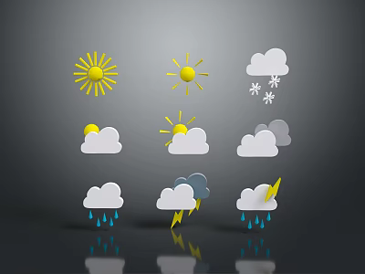 Different Weather Icons Collection Including Sun Clouds Snowflakes Raindrops And Lightning 3d model