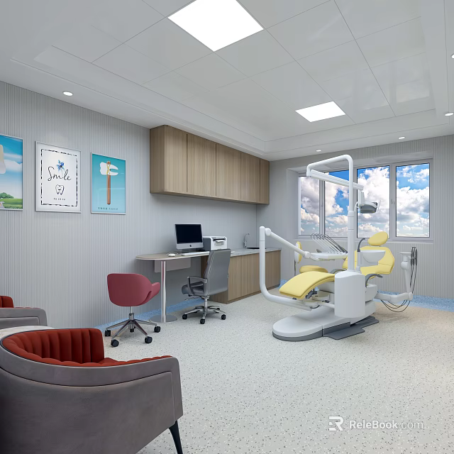 Modern Dental Clinic Interior With Yellow Chair Desk Computer And Wall Art 3d model 