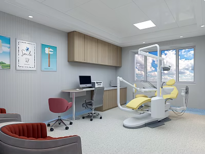 Modern Dental Clinic Interior With Yellow Chair Desk Computer And Wall Art 3d model