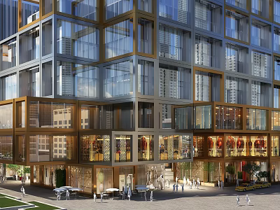 Modern Commercial Street With Multi Storey Building Glass Windows And Outdoor Seating 3d model
