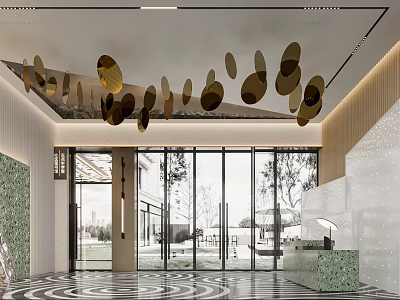 Modern Lobby Interior With Golden Pendant Lights And Large Glass Windows 3d model