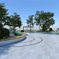Park Landscape With Green Trees Red Leaf Bushes Paved Walkway Water Fountain And Canopy Structure