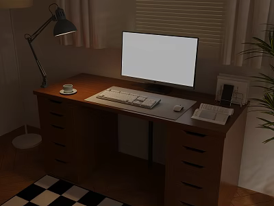 Wooden Desk Setup With Computer Monitor Lamp Keyboard Mouse And Plant 3d model