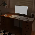 Wooden Desk Setup With Computer Monitor Lamp Keyboard Mouse And Plant