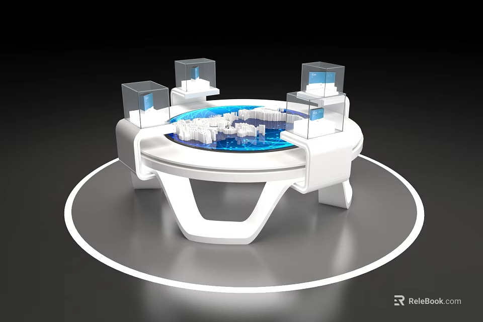 Modern Circular Art Installation With White Base Blue Central Display And Transparent Cubes 3d model 