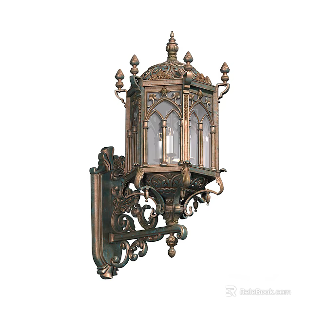 Classic Vintage Wall Light with Ornate Metal Carvings and Glass Panels 3d model 