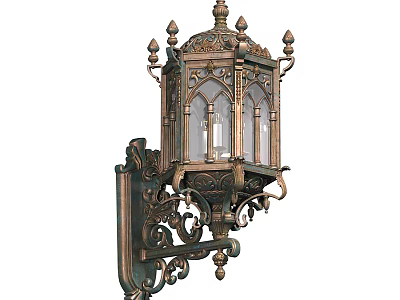 Classic Vintage Wall Light with Ornate Metal Carvings and Glass Panels 3d model
