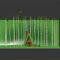 Cartoon Forest Scene With Small Log Cabin And Tall Birch Trees On Green Platform