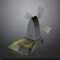 Miniature Windmill Model Scene With Wooden Tower Body Windmill Blades And Base Green Grass Area