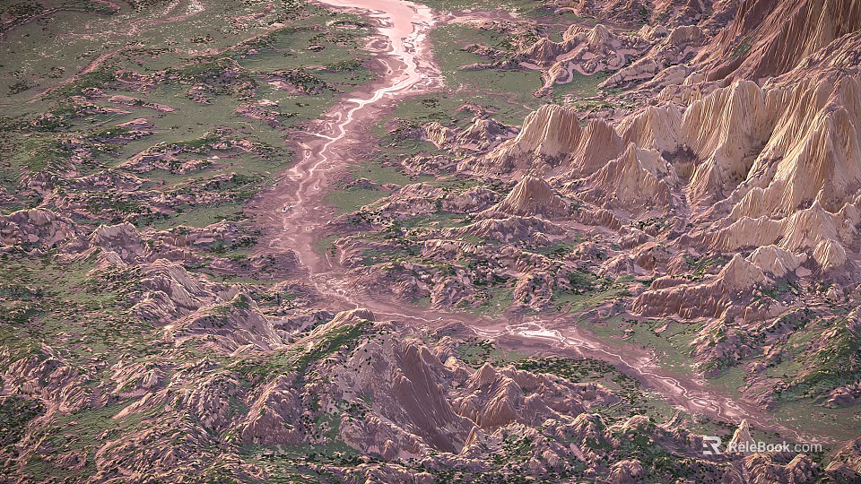 Aerial View Canyon Landscape With Winding River And Rolling Hills Covered In Green Vegetation 3d model 