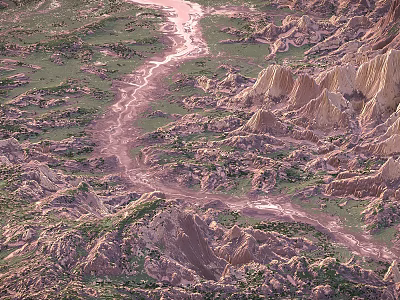Aerial View Canyon Landscape With Winding River And Rolling Hills Covered In Green Vegetation 3d model