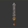 Decorative Ancient Sword With Intricate Blade Patterns And Golden Hilt Design