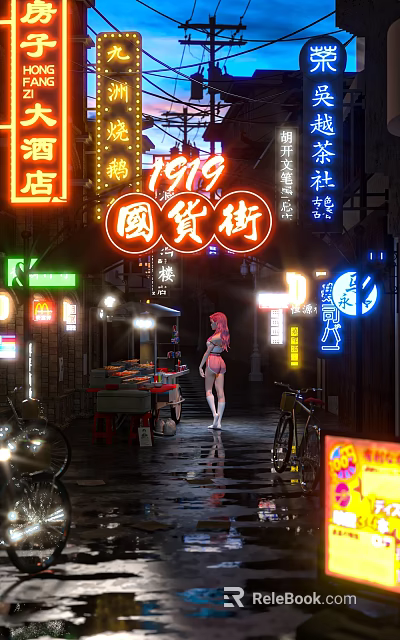 Vibrant Night Commercial Street Featuring Neon Signs Traditional Stores Wet Pavement And Street Stalls 3d model 