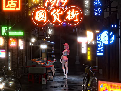 Vibrant Night Commercial Street Featuring Neon Signs Traditional Stores Wet Pavement And Street Stalls 3d model