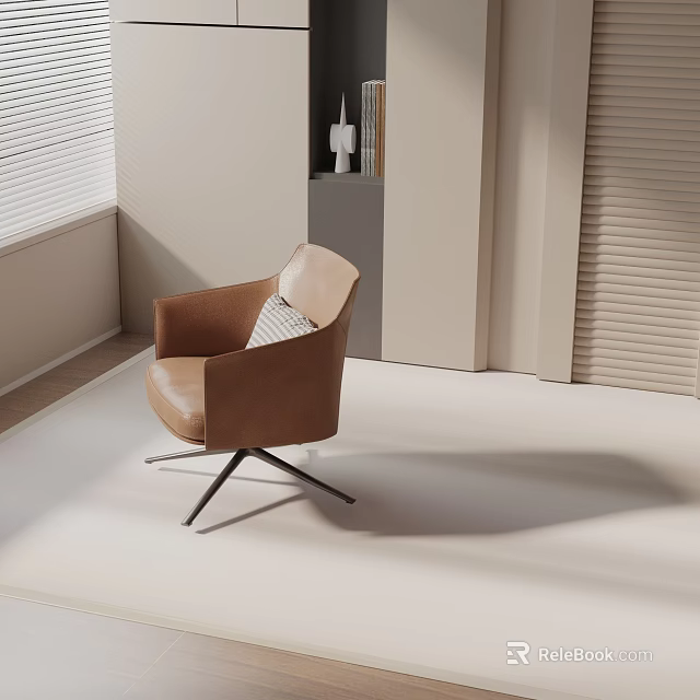 Brown Leather Accent Chair With Armrest And Black Metal Swivel Base In Modern Light Room 3d model 