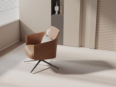 Brown Leather Accent Chair With Armrest And Black Metal Swivel Base In Modern Light Room 3d model