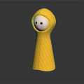 Yellow Checkered Raincoat Doll With White Face And Black Eyes Standing On Reflective Black Background