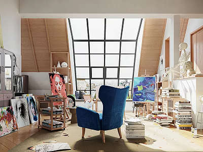 Creative Attic Art Studio with Easels Books Paintings Blue Armchair and Large Windows 3d model