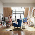 Creative Attic Art Studio with Easels Books Paintings Blue Armchair and Large Windows