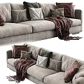 Cozy Gray Three Seater Sofa With Patterned Throw Pillows And Knitted Blanket 3d model