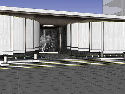 Modern Entrance Gate With White Panels Circular Design Decorative Tree Steps And Gray Pavement 3d model