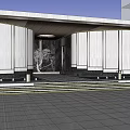 Modern Entrance Gate With White Panels Circular Design Decorative Tree Steps And Gray Pavement
