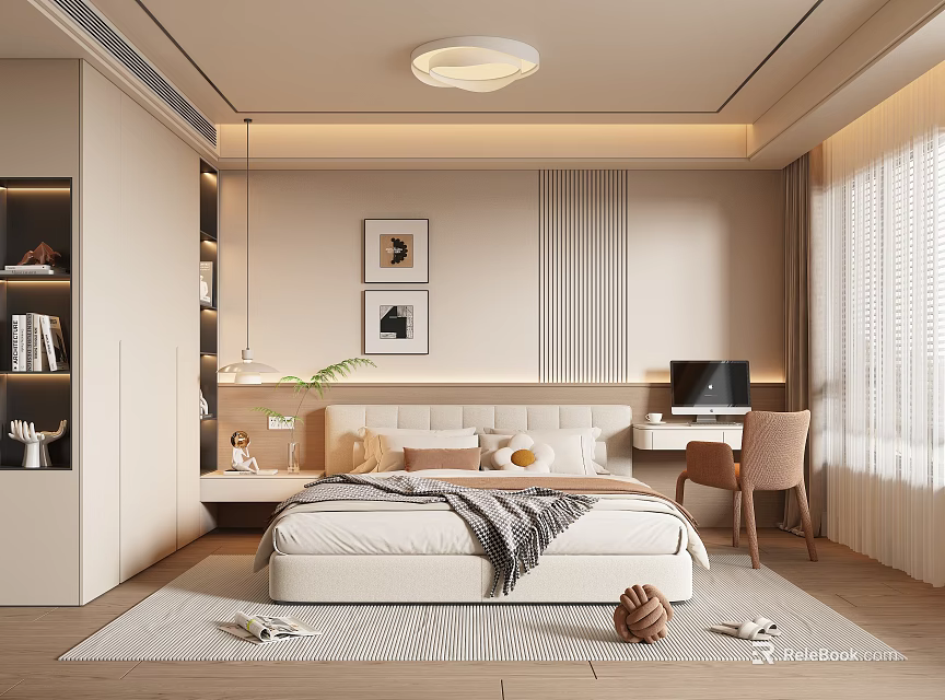 Modern Bedroom Interior With Upholstered Bed Desk Chair Round Ceiling Light And Striped Rug 3d model 