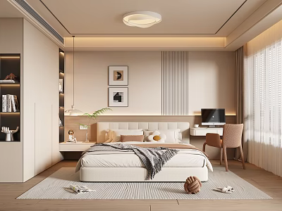 Modern Bedroom Interior With Upholstered Bed Desk Chair Round Ceiling Light And Striped Rug 3d model