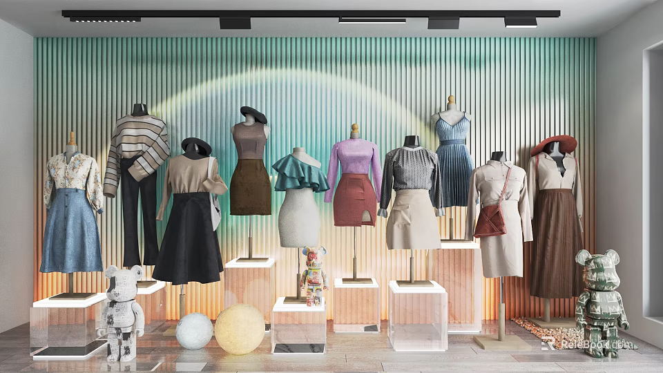 Mannequins Display Various Clothing Styles Dresses And Tops With Backdrop Wall Lighting Strips And Display Platforms 3d model 