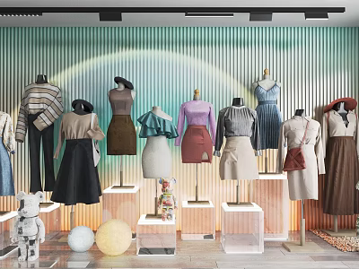 Mannequins Display Various Clothing Styles Dresses And Tops With Backdrop Wall Lighting Strips And Display Platforms 3d model